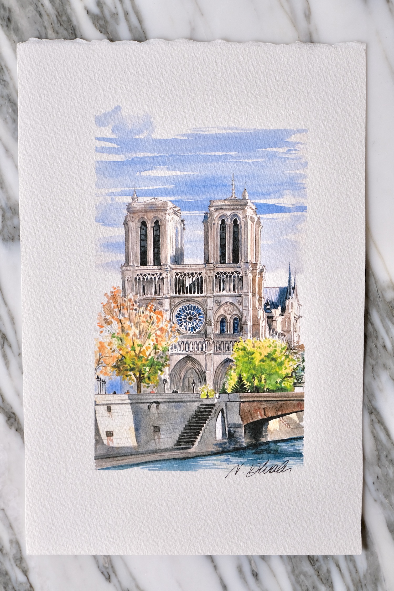 Bouquiniste Collaboration French Face Notre Dame Paris Original Watercolor