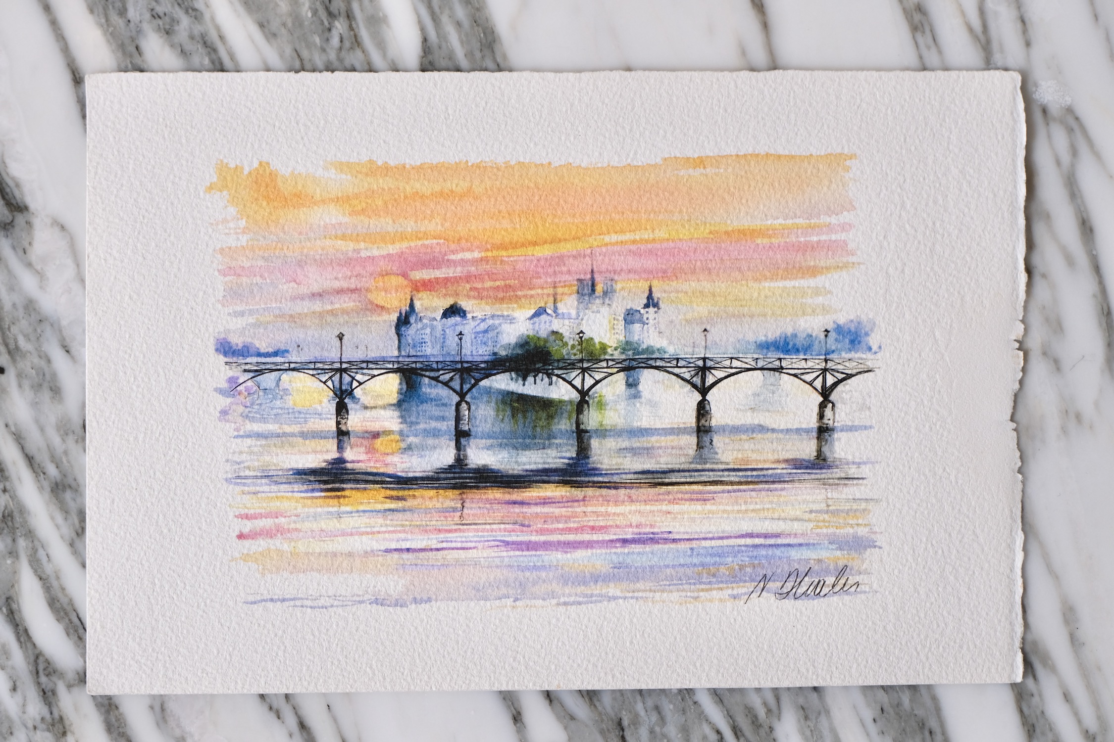 Original watercolor Pont des Arts sunrise