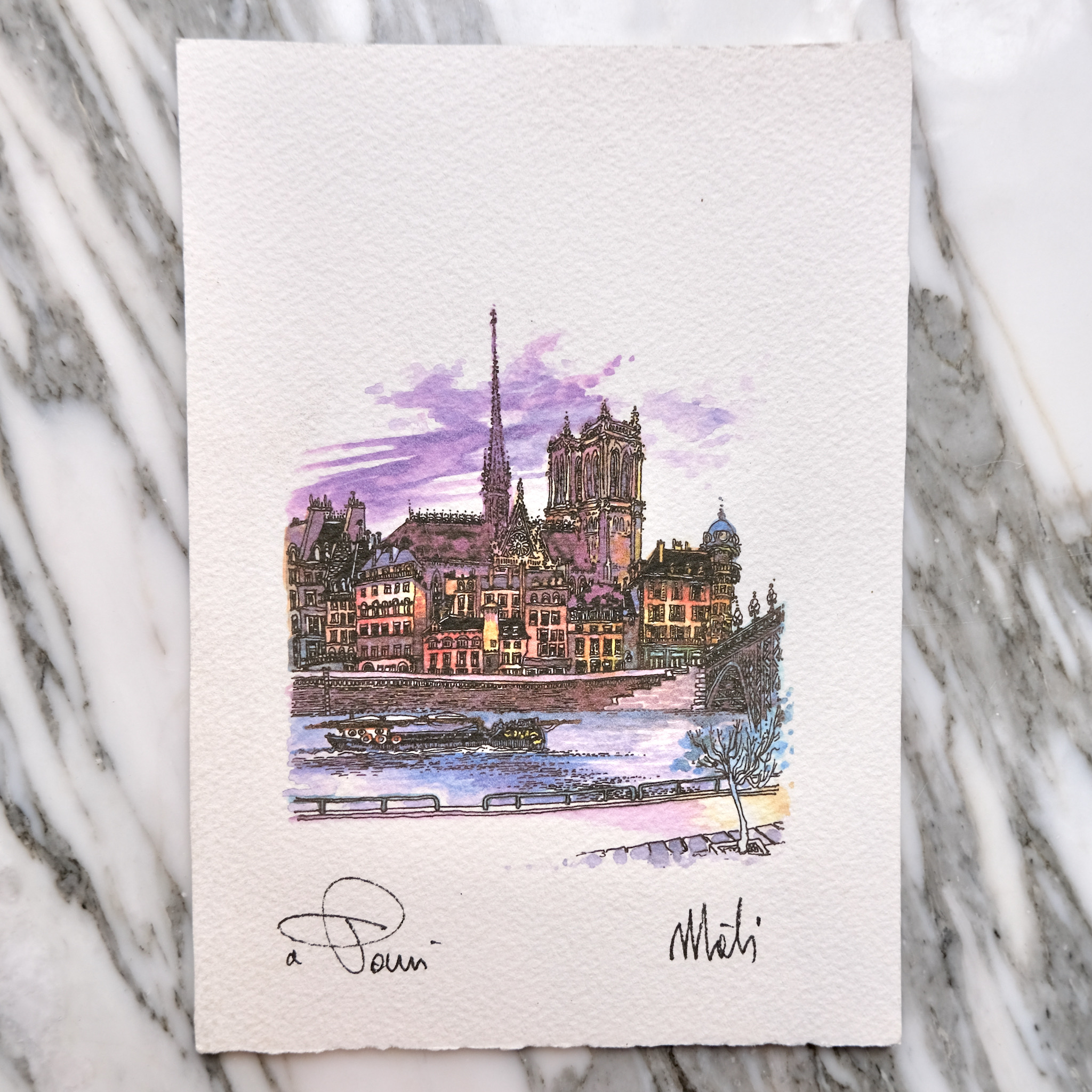 second bouquinistes auction Miniature Original Notre Dame Watercolor by Mati